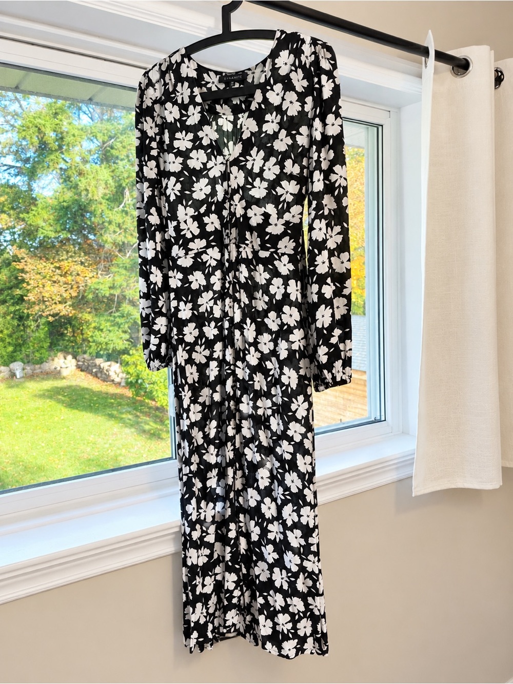 Black & White Floral Long Sleeve Midi Dress